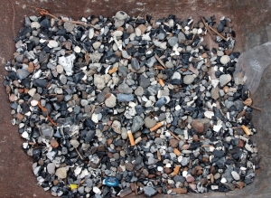 Nach nur zwei Minuten Fahrt hat die Maschine so viele Kippen, Kronkorken und Steine sowie Anderes eingesammelt, dass fast eine halbe Schubkarre zusammengekommen ist. 